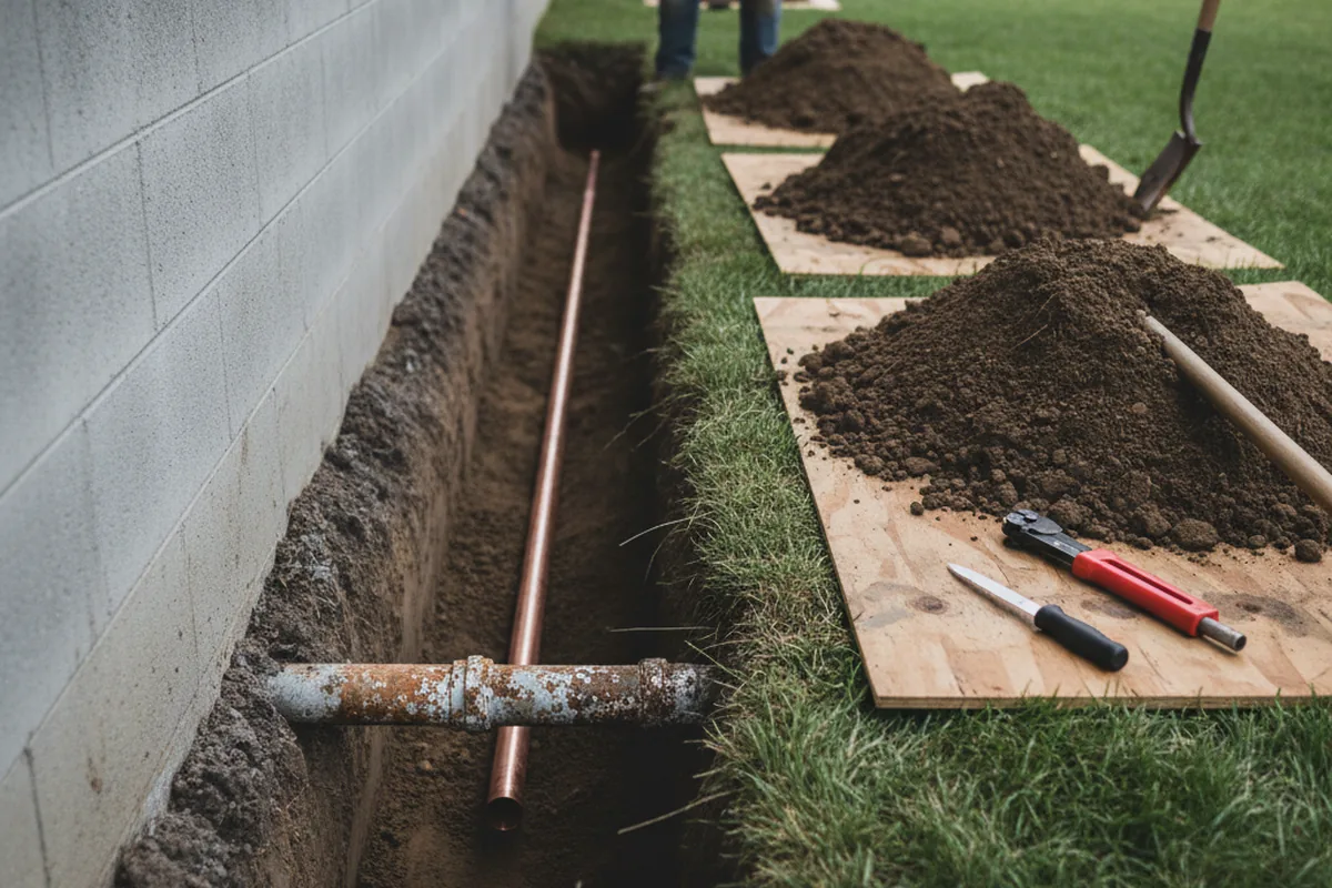 Excavated water line trench during Sewer Line Repair in Ocheyedan